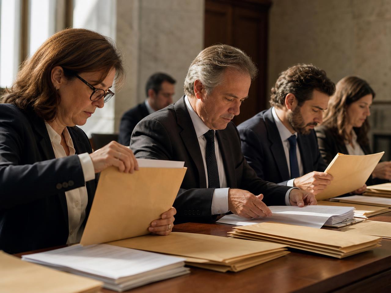 Equipe conferindo envelopes de propostas e documentos em mesa de sessão pública