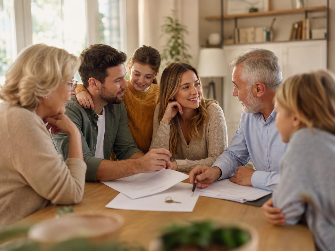 Família de três gerações conversando em torno da mesa com documentos e uma chave
