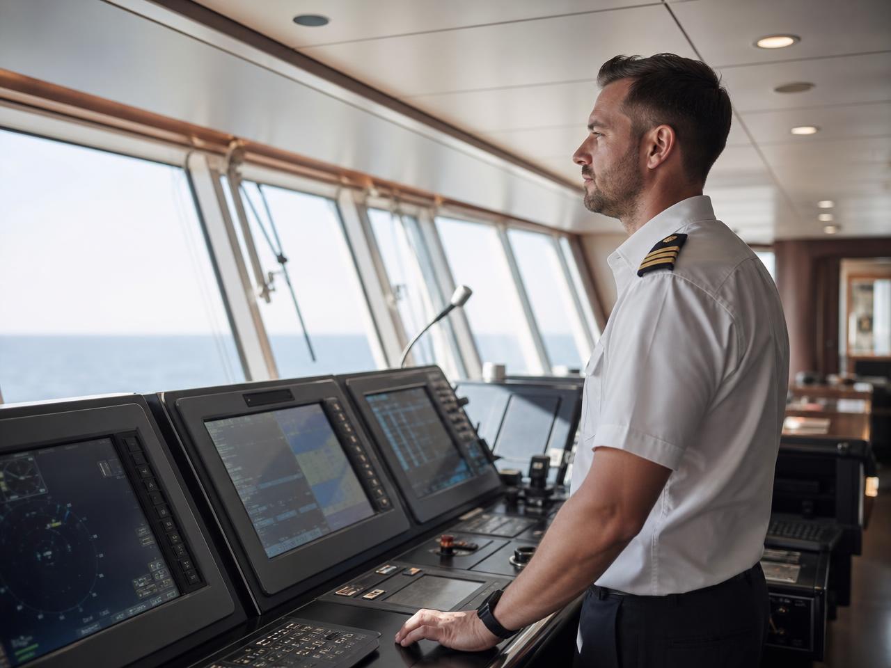 Oficial de náutica diante das telas de navegação na ponte de comando de um navio